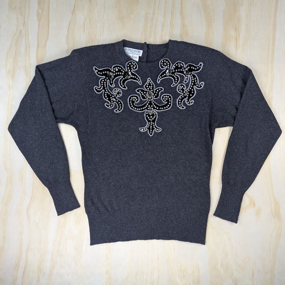 Gloria Sachs Women's Small Vtg 80s Scottish Cashmere Sweater Gray Beaded Britain
